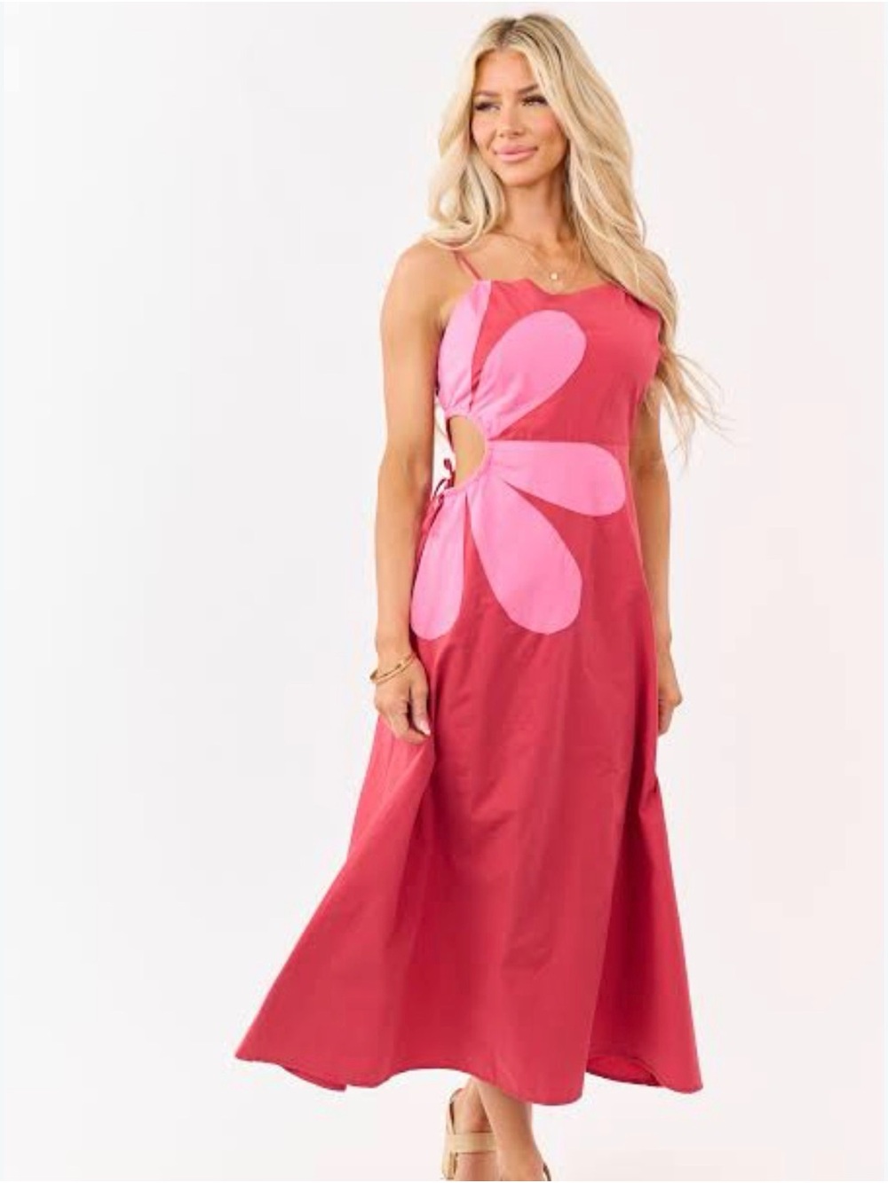 Women’s Pink Floral Cutout Maxi Dress - Sleeveless Summer Dress